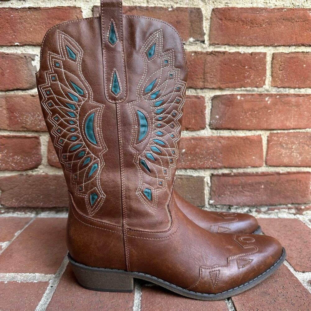 Free People Matisse Willa Western Boots Brown Turquoise Embroidered 7.5 NEW - Picture 2 of 16